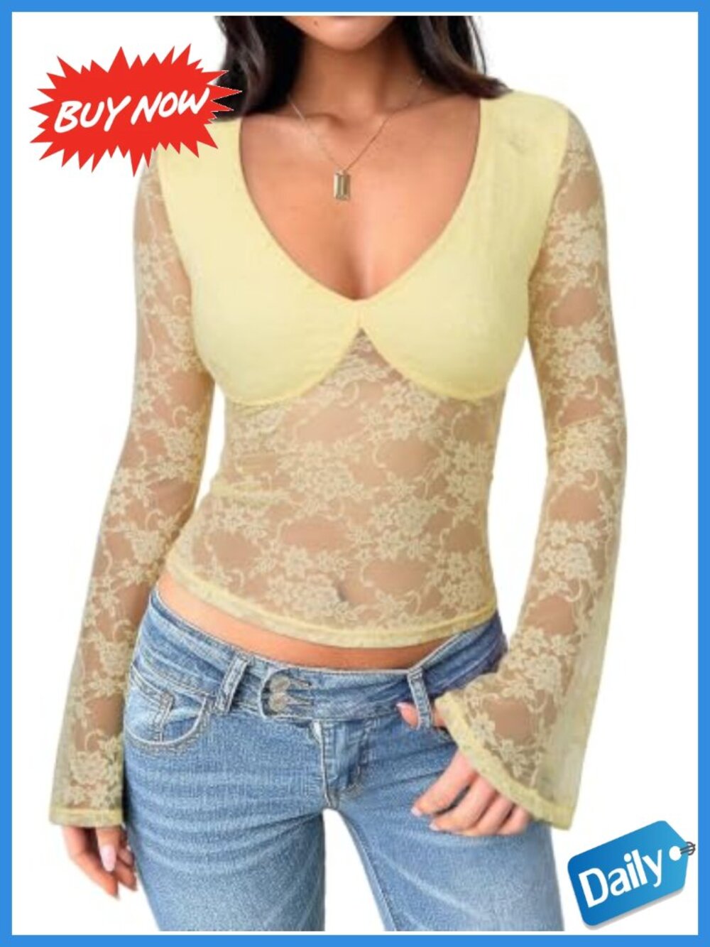 Lace Long Bell Sleeve Top Deep V Neck Fitted Blouse